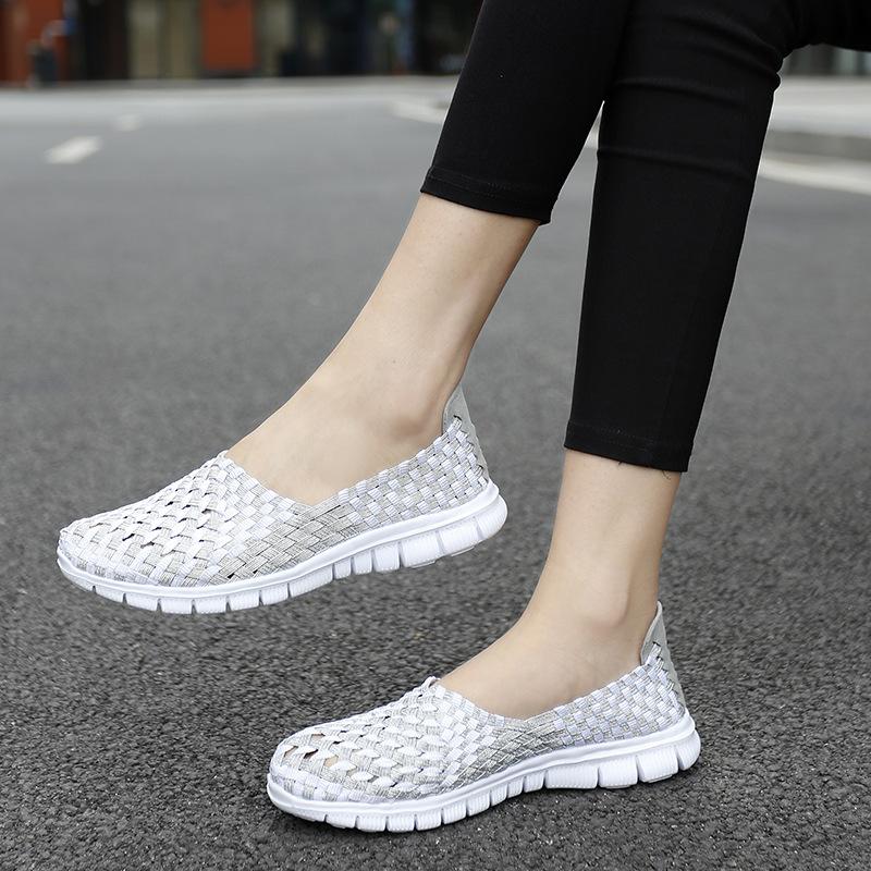 Summer New Woven Large Size Women's Shoes Hollow Breathable Elastic Lazy Shoes Fashionable Breathable Single Shoes