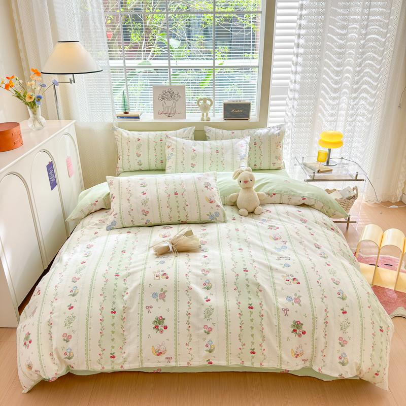 Garden Pink Flowers Pattern Duvet Cover Set 3Pcs Cute Rabbit Printed 100% Cotton Soft Comfortable Comforter Cover Bedding Set