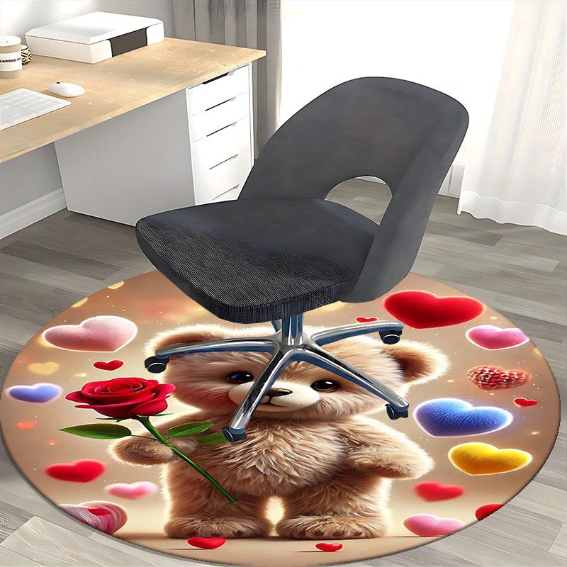 1pc Cute Teddy Bear with Rose Round Carpet - Anime Design, Valentine's Day Gift, Office Chair Mat, Non-Slip Rug for Home Decor, Suitable for All Seaso