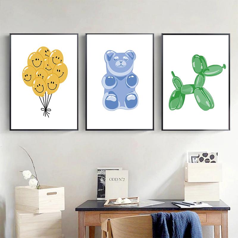 Modrý gumový medvídek Růžový balónkový pes Plakát Preppy Plátno Malba Tisk Trendy Nástěnné umění Dětský pokoj Domácí dekorace