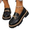 Women's Wide Width British Style Platform Loafers - Metallic Buckle Leather Oxford Shoes for Spring/Fall, Retro Chunky Sole Flats