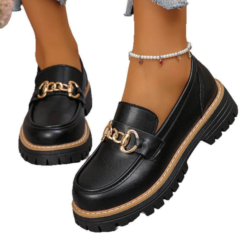 Women's Wide Width British Style Platform Loafers - Metallic Buckle Leather Oxford Shoes for Spring/Fall, Retro Chunky Sole Flats