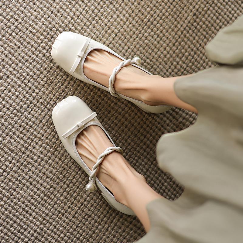 Krazing Pot Sheep Skin Spring Summer Size 41 Thick Med Heels Women Square Toe Pearl-studded Butterfly-knot Pumps