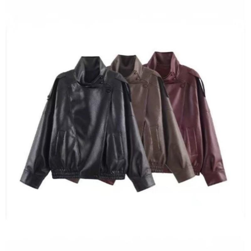Women's Fall Simple Solid Retro Versatile PU Leather Pilot Jacket
