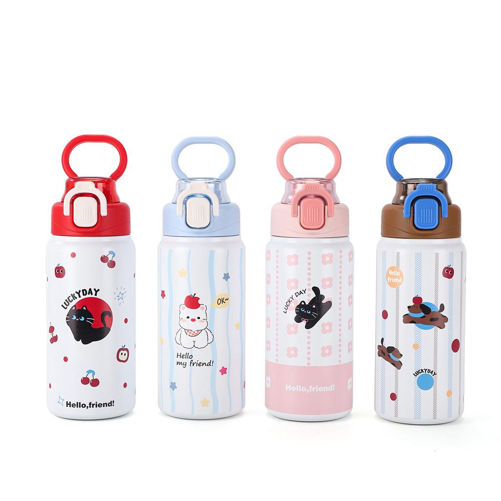 Creative Kids Thermos Drinking Cup Simple Stainless Spring Cap Double Drink Straw Cup Mug Outdoor Portable Sports Handled Cup