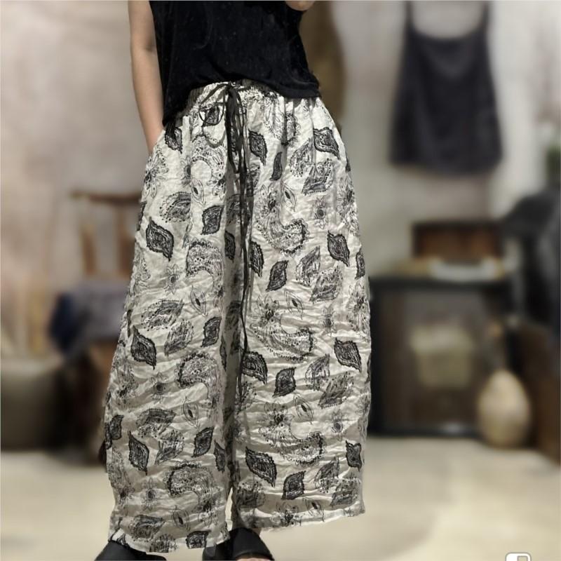 Johnature Women Vintage Striped Pants Print Floral Elastic Waist Loose Trousers Autumn Belt Casual Long Pants