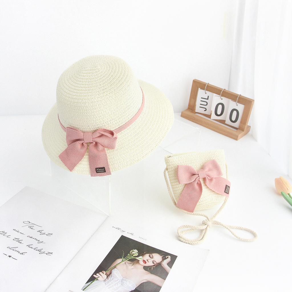New Straw Children's Sunshade Straw Hat Lace Bow Straw Sun Hat Bag Package Set for Summer Travel