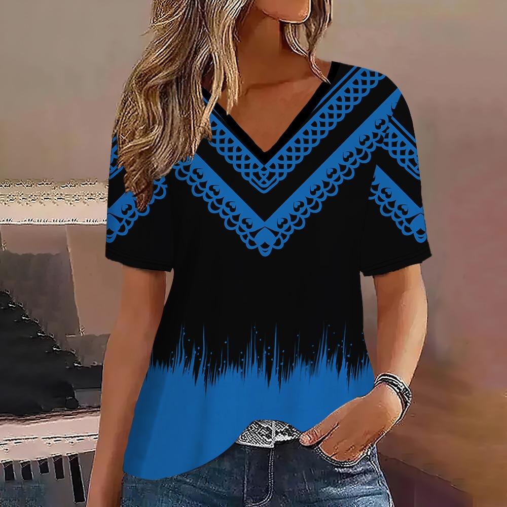 Fashion Women T-Shirt Stripes Print Gradient V-Neck Short Sleeve Basic Tops Streetwear Summer Oversized Clothing Female T-Shirts