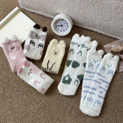 Soft Cute Animal Socks Breathable Winter Floor Socks Kitty Coral Fleece Socks Girls