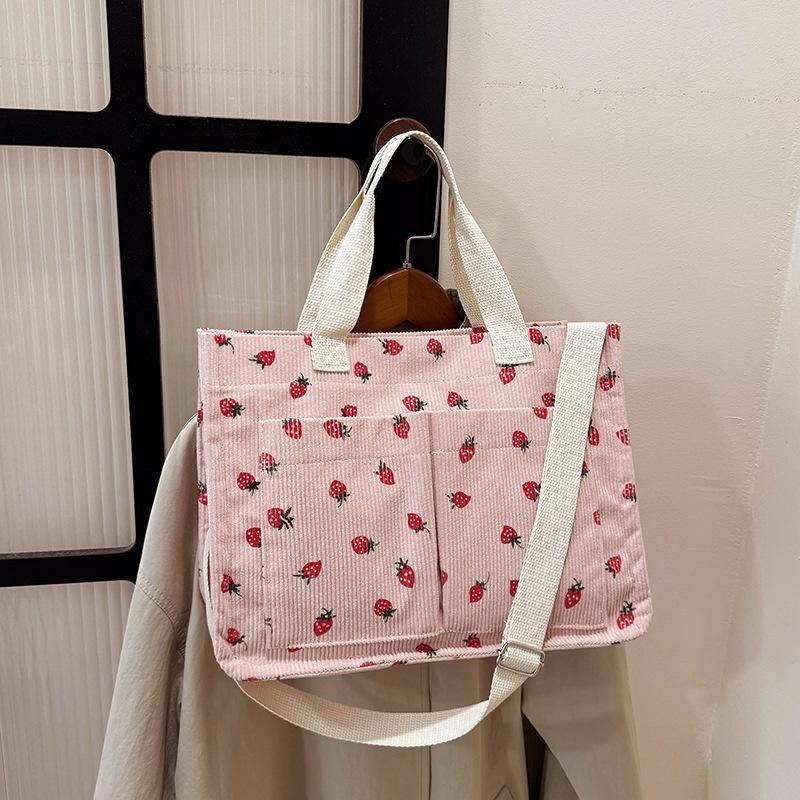 Corduroy Strawberry Print Tote Bag Women Large Capacity Shoulder Bag With Multiple Pocket Adjustable Strap Commut Casual Handbag