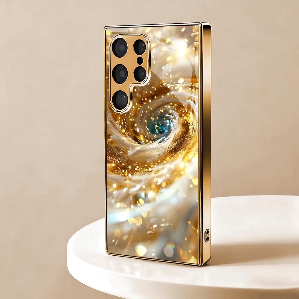 Golden spiral metallic paint glass phone case suitable for Samsung Galaxy S26 S25 S24 S23 S22 S21 S20 FE/Ultra/Plus anti drop