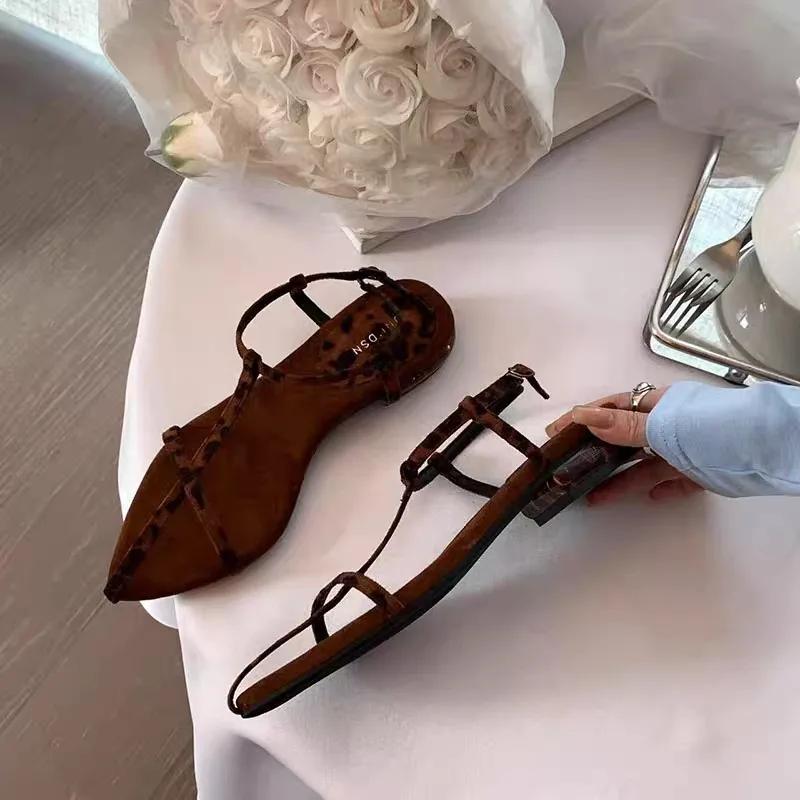 Women Fashion Sandals Thin Low Heels Pointed Open Toe Ankle Strap Dress Shoes Solid Color Summer Ladies Thin Low Heels Sandals