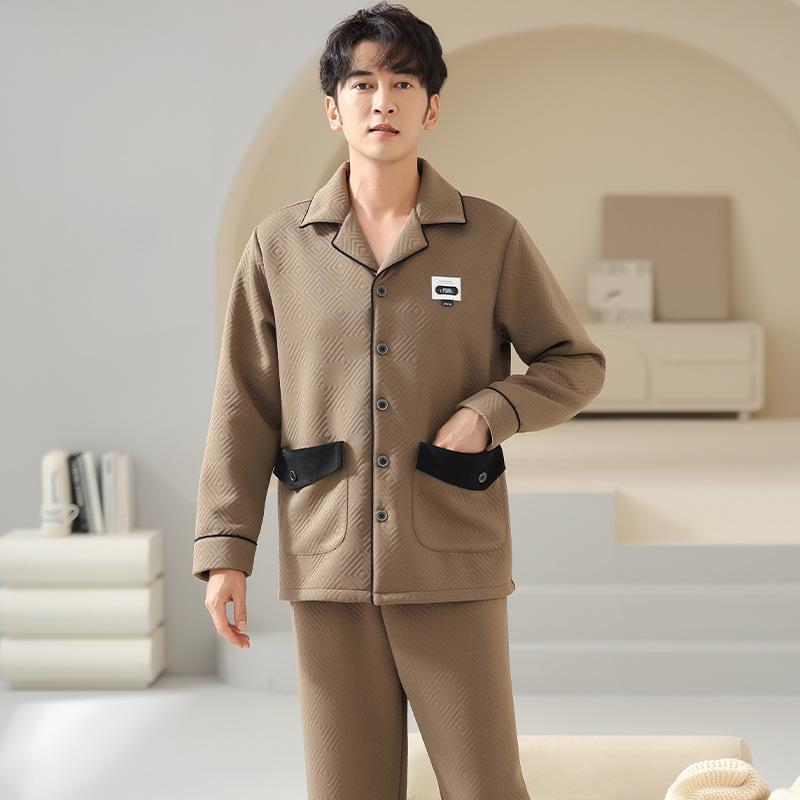Pajamas Men'S Spring And Autumn Thickened Pure Cotton Men'S Long Sleeve Padded Cotton Autumn And Winter Air Cotton Interlayer Dad Loungewear