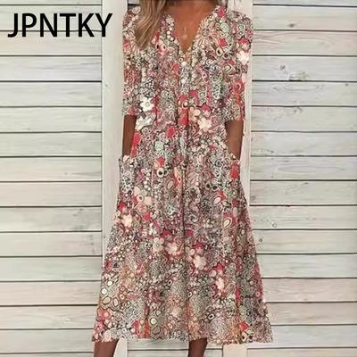 JPNTKY Abiti Casual da Donna Moda Estate Primavera Stampa Floreale Manica 2/1 Scollo a V