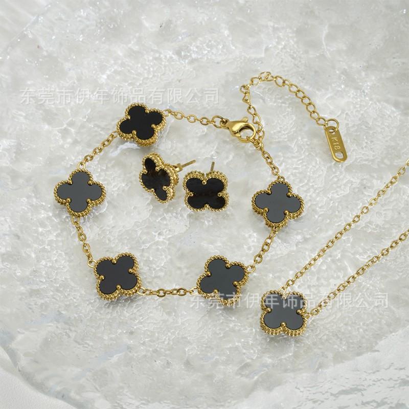 13mm Stainless Steel Clover Jewelry Set Necklace Bracelet Earrings Women Fashion Floral