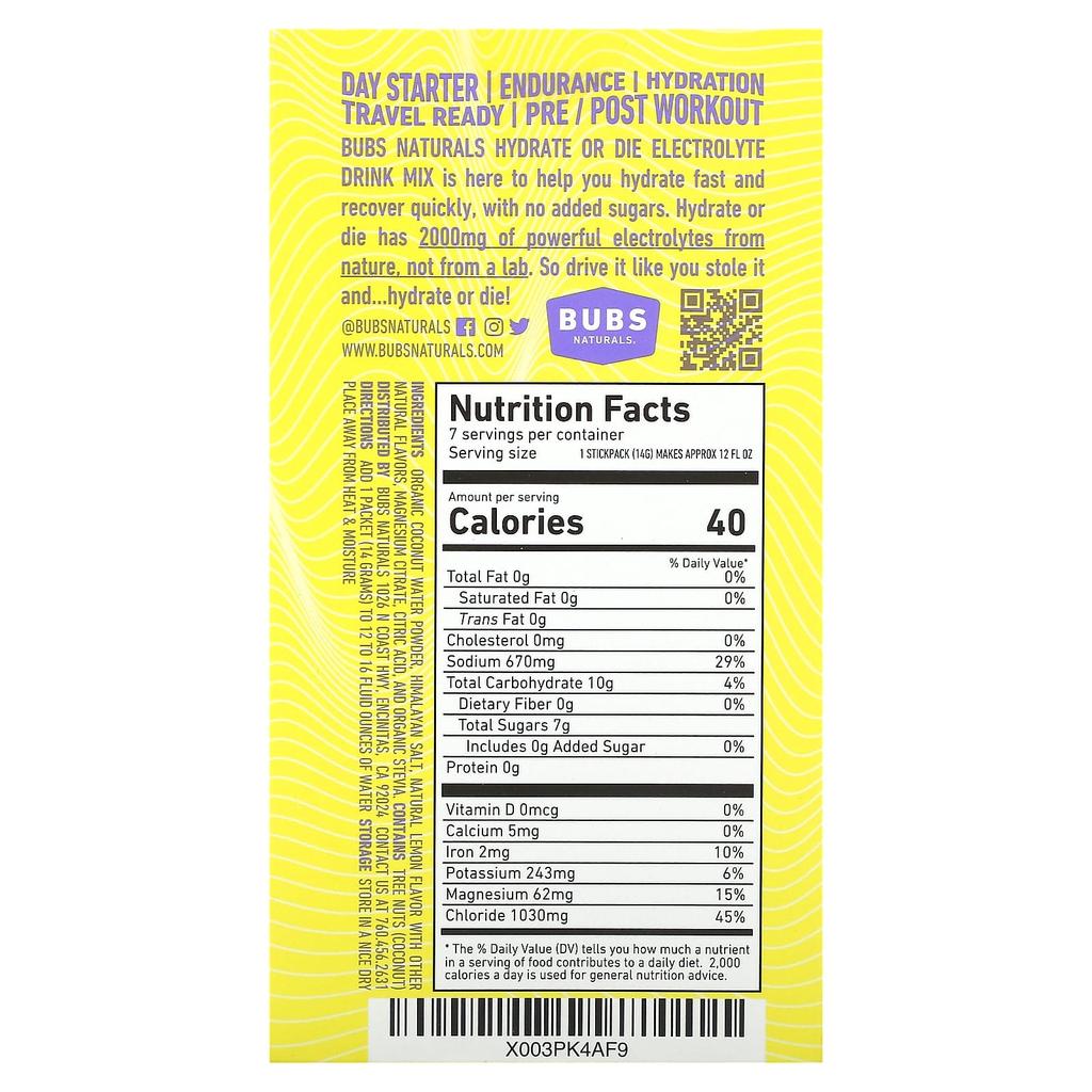 BUBS Naturals Hydrate or Die, Electrolyte Drink Mix, Lemon, 7 Sticks, 0.4 Oz (14 G) Each