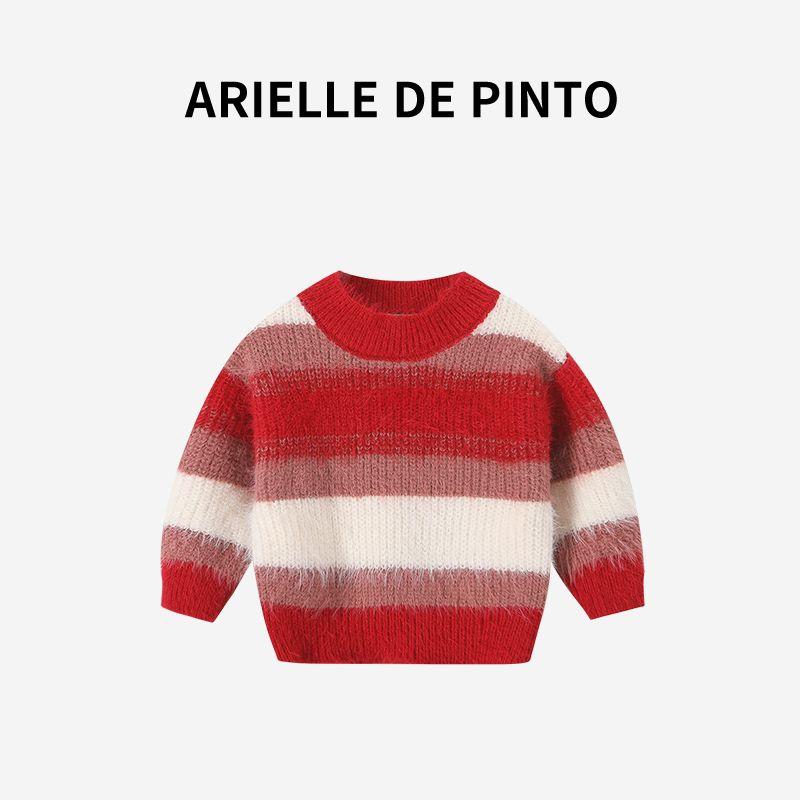 French Arielle De Pinto Girls  Sweater Winter Sweet and Cute Red Striped Warm Top for Girls Red 90