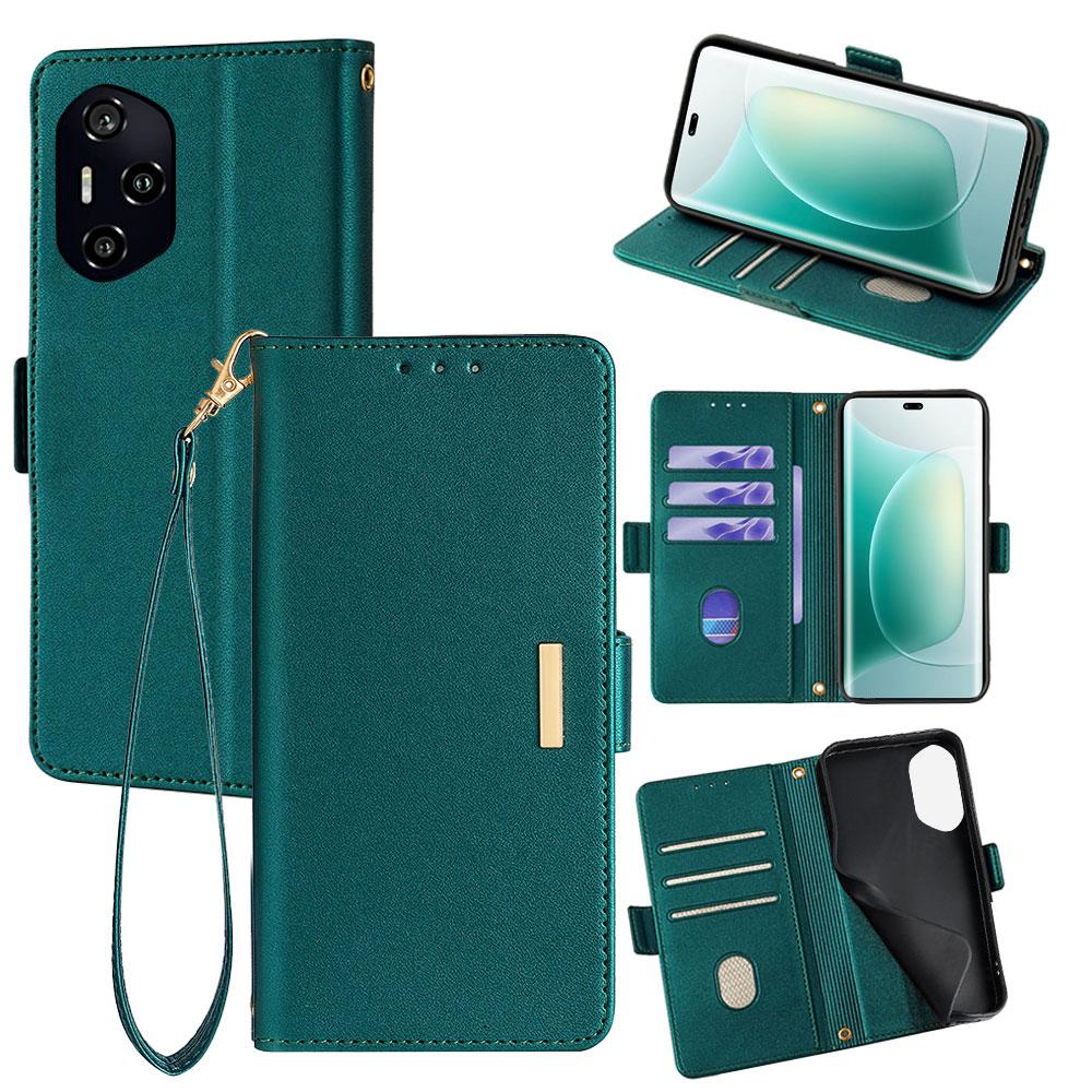 

Для Honor 300 Pro Кожаный чехол-кошелек с RFID-блокировкой и подставкой, с ремешком для руки Green