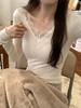Spicy Girl Black Lace Patchwork V-neck Slimming Long Sleeve Top for Women