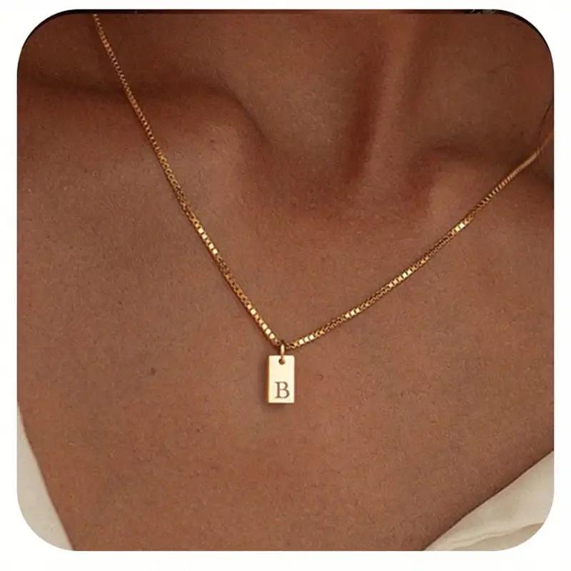 Exclusive 18K Gold Vacuum-Plated Stainless Steel Engraved Square Pendant Necklace with Alphabet Letters