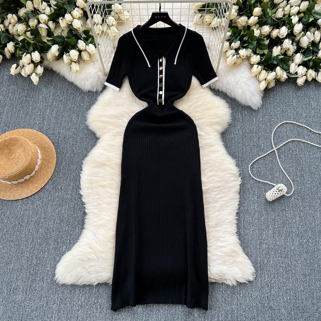 New Summer Women's Polo Knitted Dresses Colorblock Elegant Short Sleeve Buttons Bodycon Wrap Dress Female Dress