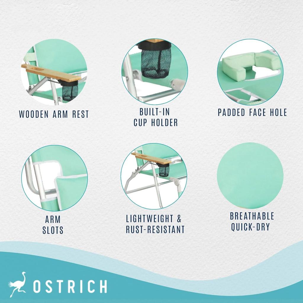 3-in-1 Padded Beach Chair w/ Face Cushion Arm Holes Folding Recliner Adjustable Backrest Footrest Cup Holder Side , Customized