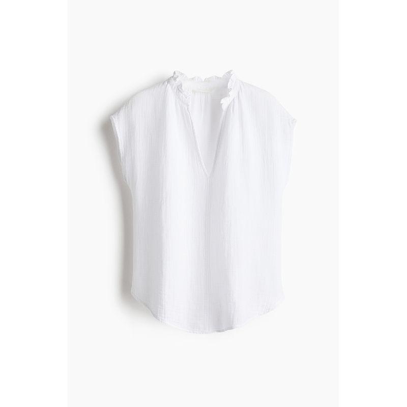 

HM Women s Shirt 2025 Summer New V-neck Work Clothing Loose Short Sleeve Cotton Fine Cloth Shirt Tops 1260352 White 175/116