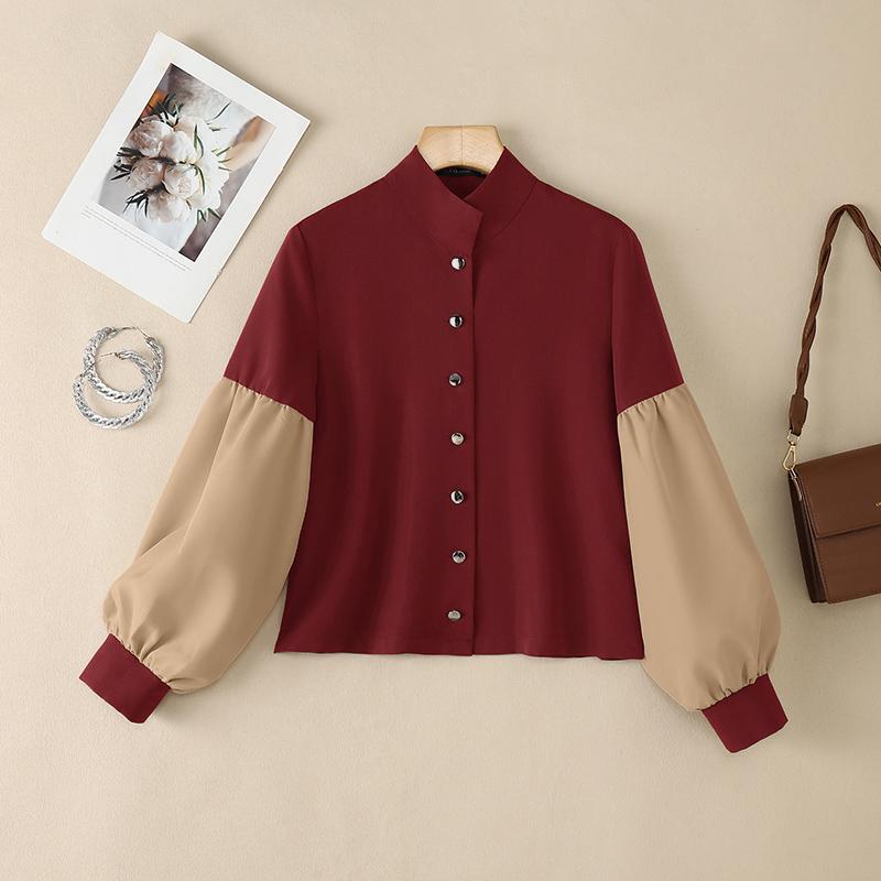 ZANZEA Women CasuaL Stand Collar Splice Puff Long Sleeve Blouse