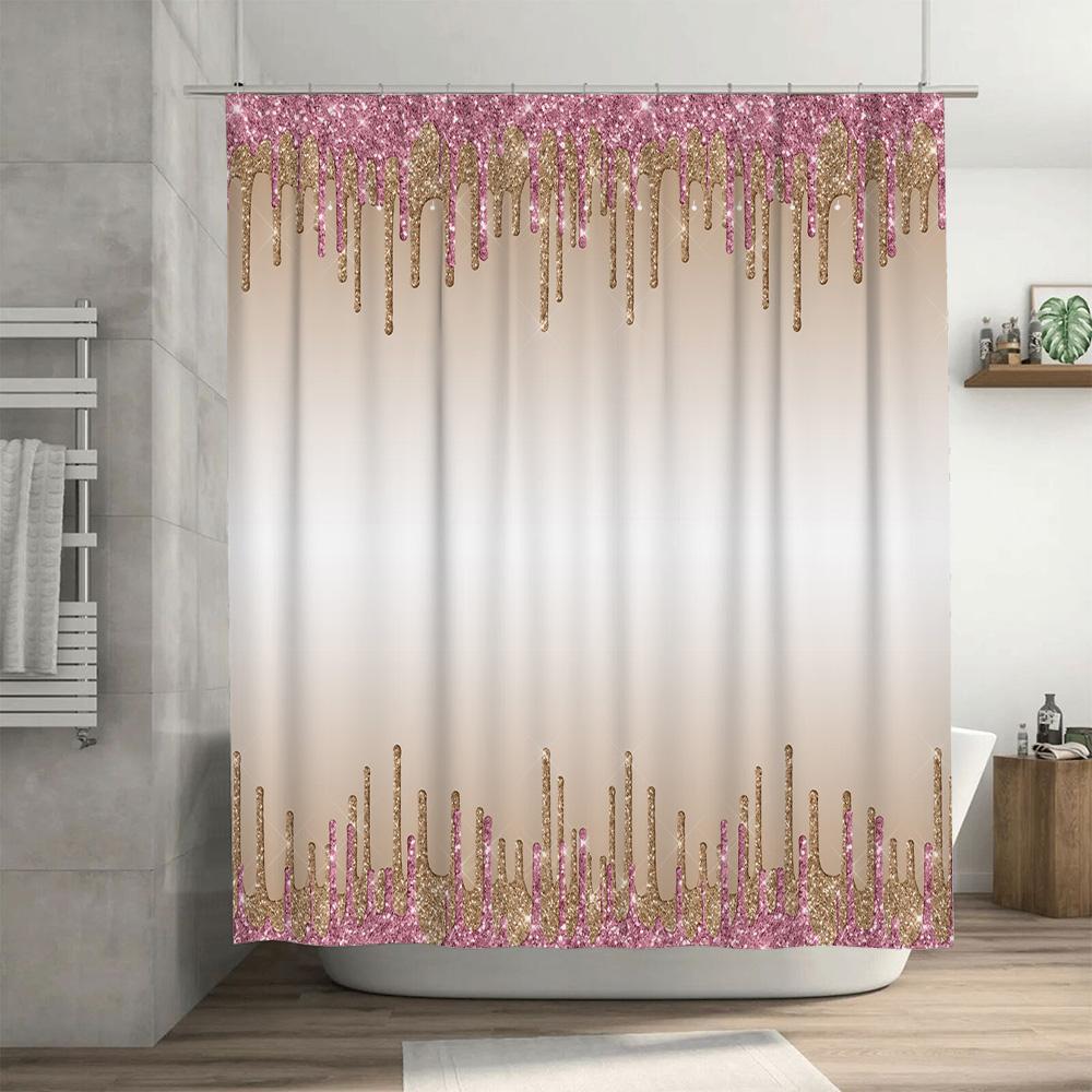 Luxury Bathroom Shower Curtain Set with Gold Sparkle and Pink Glitter: Dripping Waterfall Design for Home Decor Modern Bath Acce