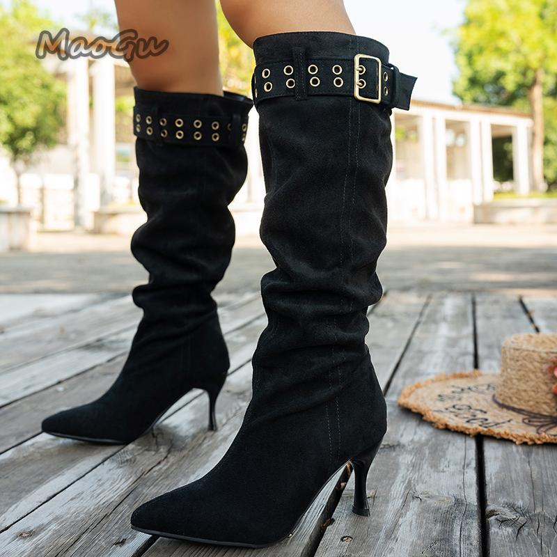 Fashion Buckle Strap High Heel Long Boots for Women Fashion Pointed Toe Stiletto Heeled Party Shoes Women Pleated Design Knee High Boots