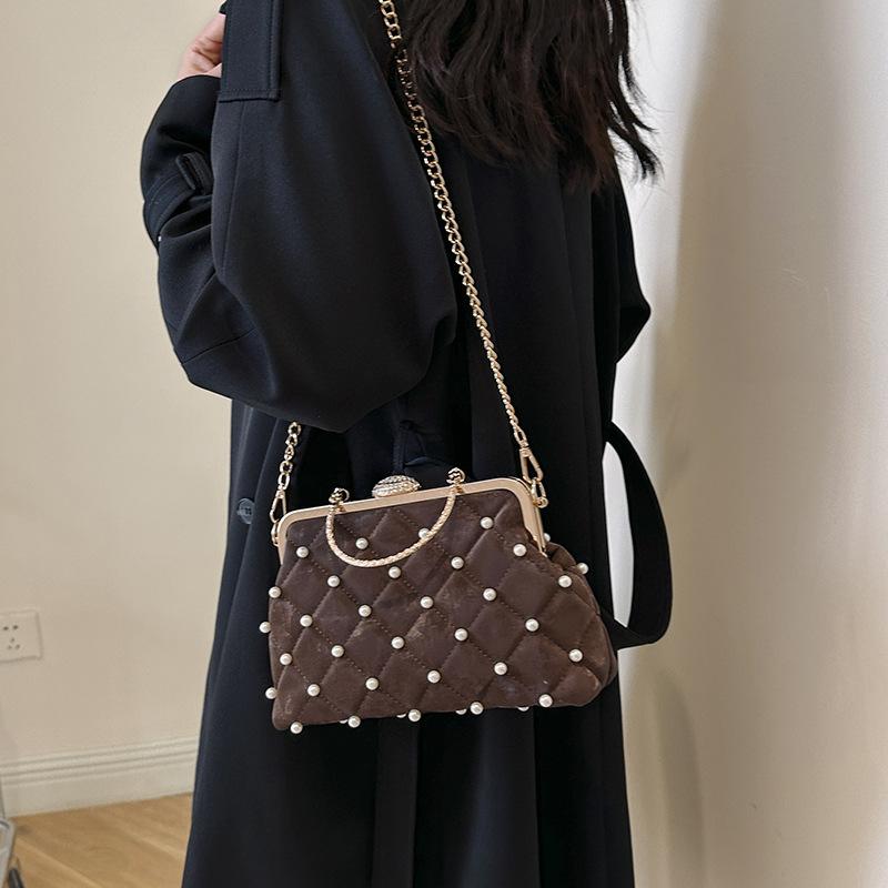 European and American Retro Style Embroidery Thread, Ribbed Pearl Women's Chain, Small Square Bag 23 Winter New Solid Color Shoulder Messenger Bag