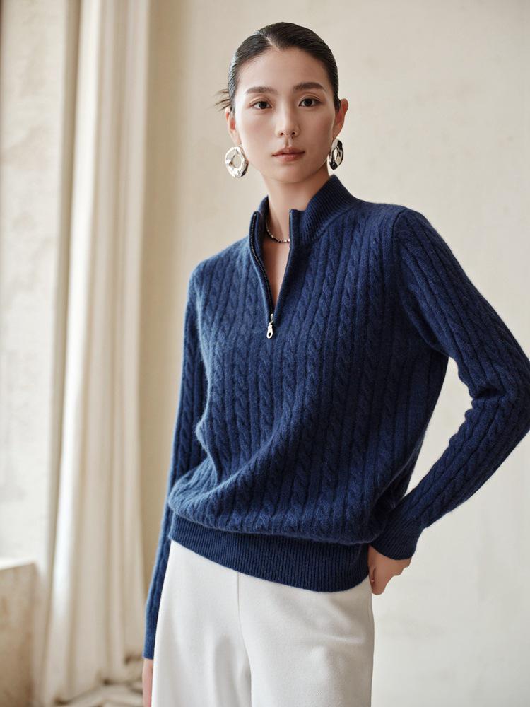 Women's 100% Pure Cashmere Half-Zip Cable Knit Sweater, Versatile & Casual