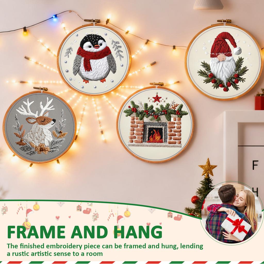 4 Sets Christmas Embroidery Kit with Pattern Needles Threads Hoops and Tools Beginner Embroidery Kit for Adults and Beginners