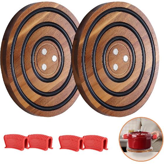 2 Pcs Magnetic Wooden Trivets, Acacia Wood with Black Silicone Rings, Magnetic Pot Holder for Le Creuset Enameled Cast Iron Dutch Oven & Cast Iron