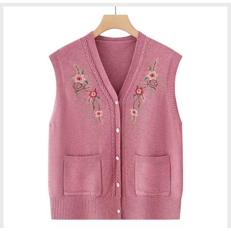 Knitted Cardigan Vest Horse Clip Plant Floral Embroidery Casual Top
