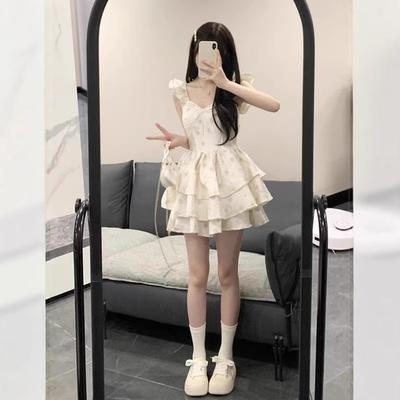 Spring and Summer French Beautiful Sweet Spice Girl Feifei Sleeve Suspender Dress Fairy Dress Waist Fluffy Dress Small Man