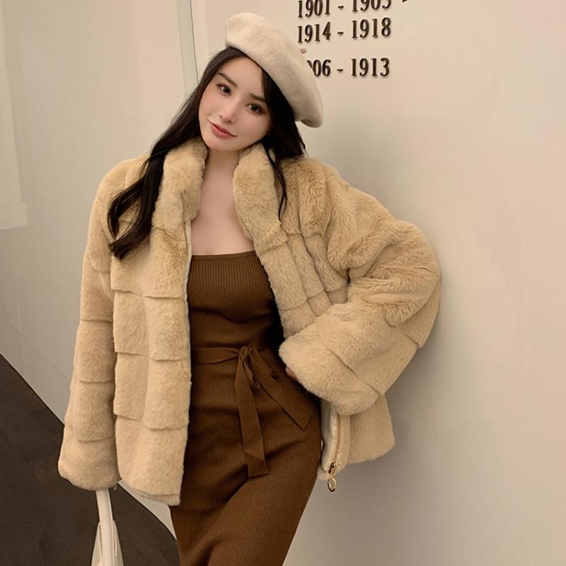 France Elegant Fur Warm Short Coat Women Winter Fleece Vintage Stand Collar Wool Jacket Korean Fashion Designer Clothes 2024 New