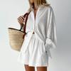 Fall Womens Printed Cotton Blouse And Shorts Set With Pockets For Casual Office Wear