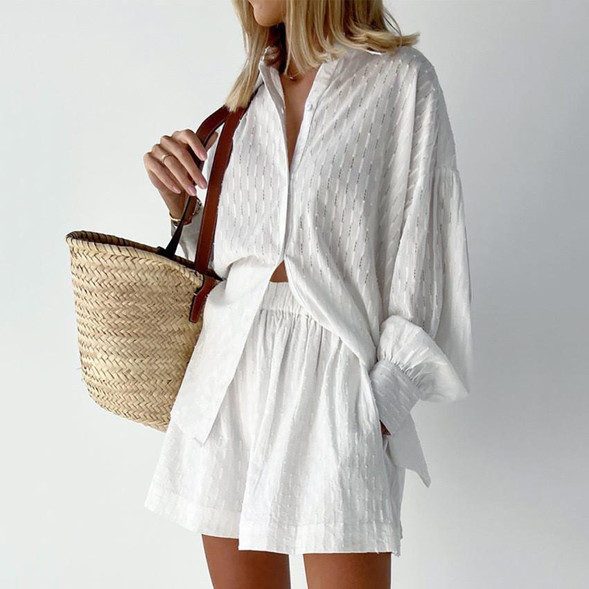 Fall Womens Printed Cotton Blouse And Shorts Set With Pockets For Casual Office Wear