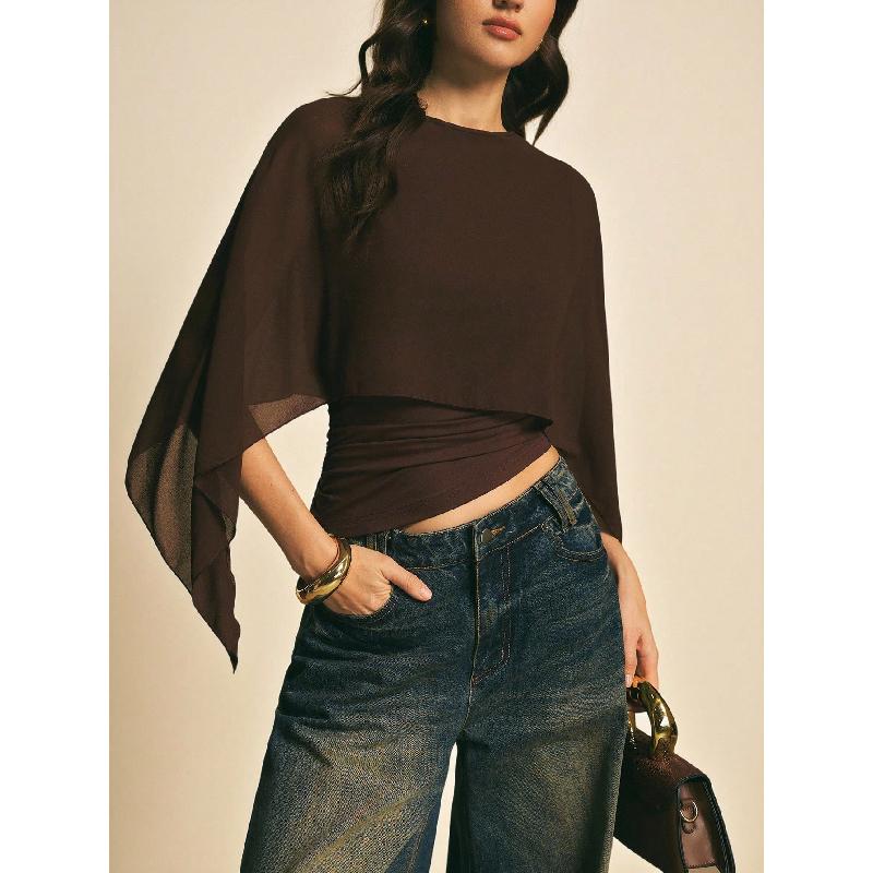 2026 Women's Cape Sleeve T-Shirt Slim Fit Round Neck Chiffon Blouse Elegant Asymmetrical Top
