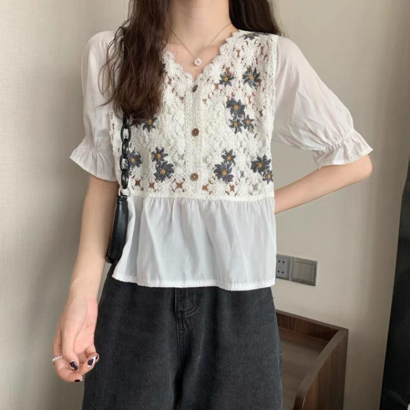 Spring Summer Crochet Top Chiffon Flower Embroidery Daisy Long Sleeve Button Front Fake Two-Piece Blouse