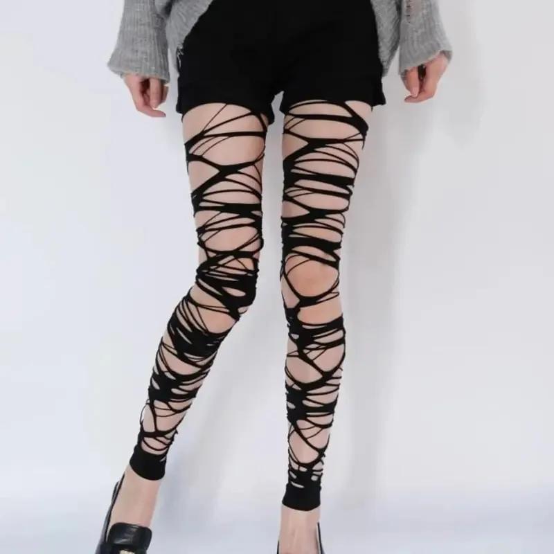 Seksowne Czarne Dziurawe Rajstopy Siateczkowe Damskie Gotyckie Punkowe Wycięte Gęsta Siatka Pończochy Legginsy Styl Emo Egirl Streetwear
