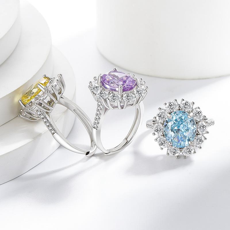 925 Sterling Silver Ice Flower Cut Sunflower Pigeon Egg Color Gem Ring Large Oval Cut High Carbon Diamond Band Women Party Jewelry