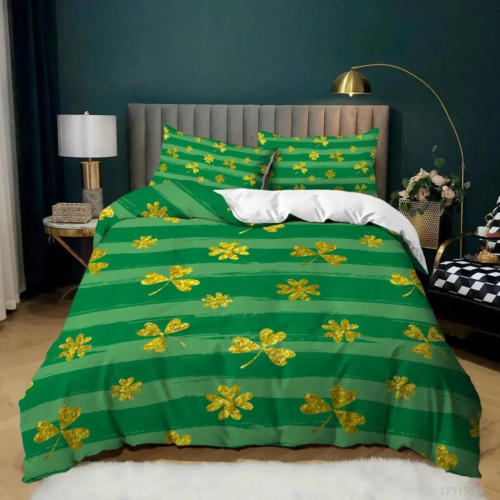 Topp Lyckobringande Gröna Löv Kung Drottning Påslakan Fyrklöver Sängklädesset För Irisk Kultur Mjukt Polyester Täcke