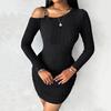 Women's Solid Color Off-the-shoulder Slant Collar Design Sense Bodycon Dress, Stylish, Slim, Sexy Long-sleeved Dress