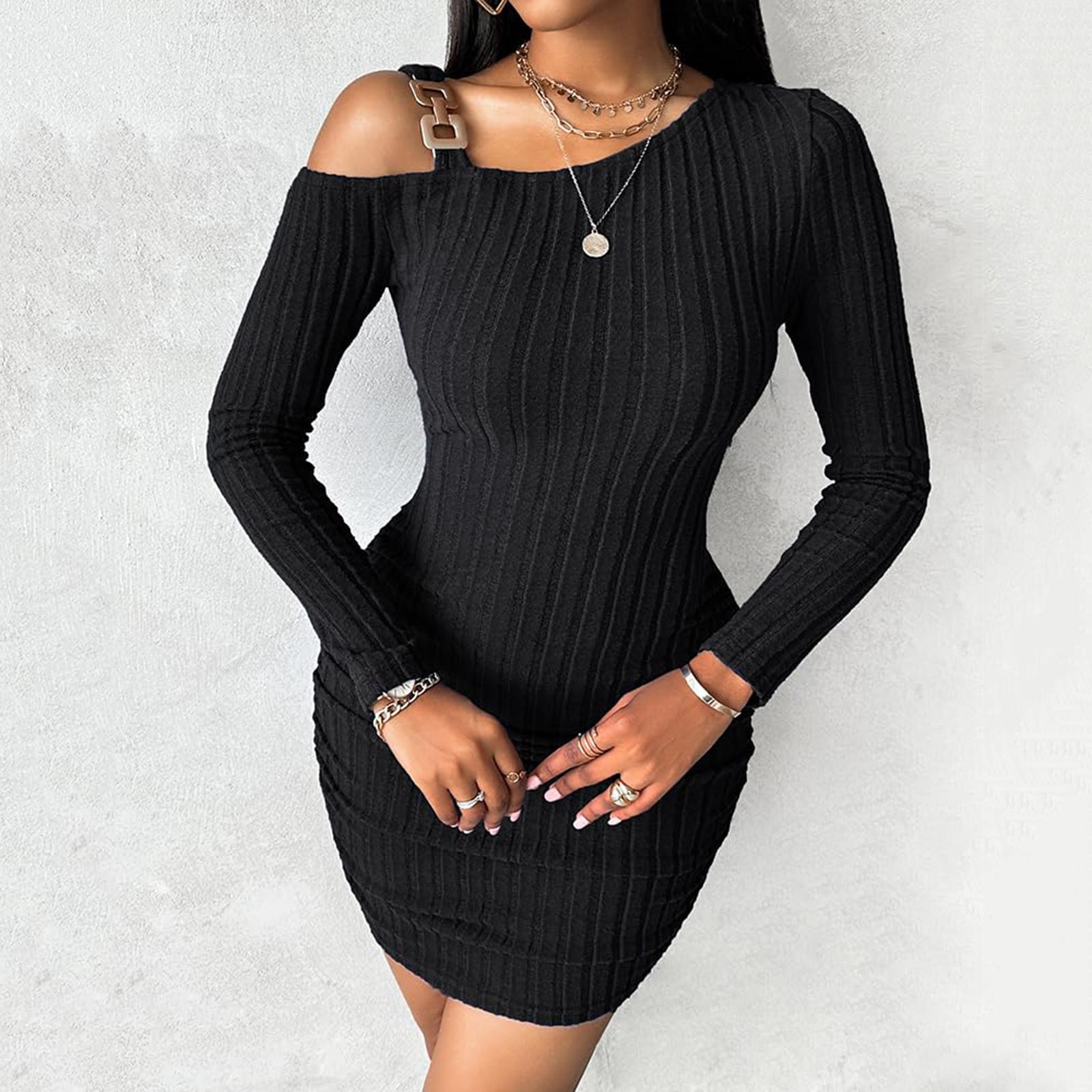 Женское однотонное платье бодикон с открытыми плечами и косым воротником, стильное, облегающее, сексуальное платье с длинными рукавами L чёрный