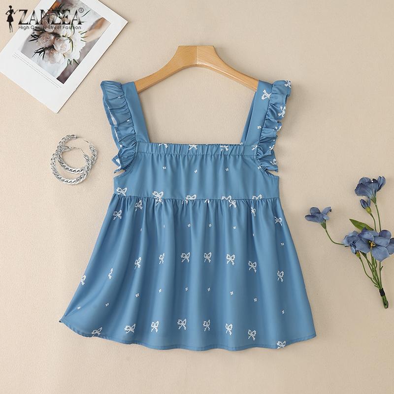 ZANZEA Women Casual Square Collar Bows Print Summer Sleeveless Tank Tops