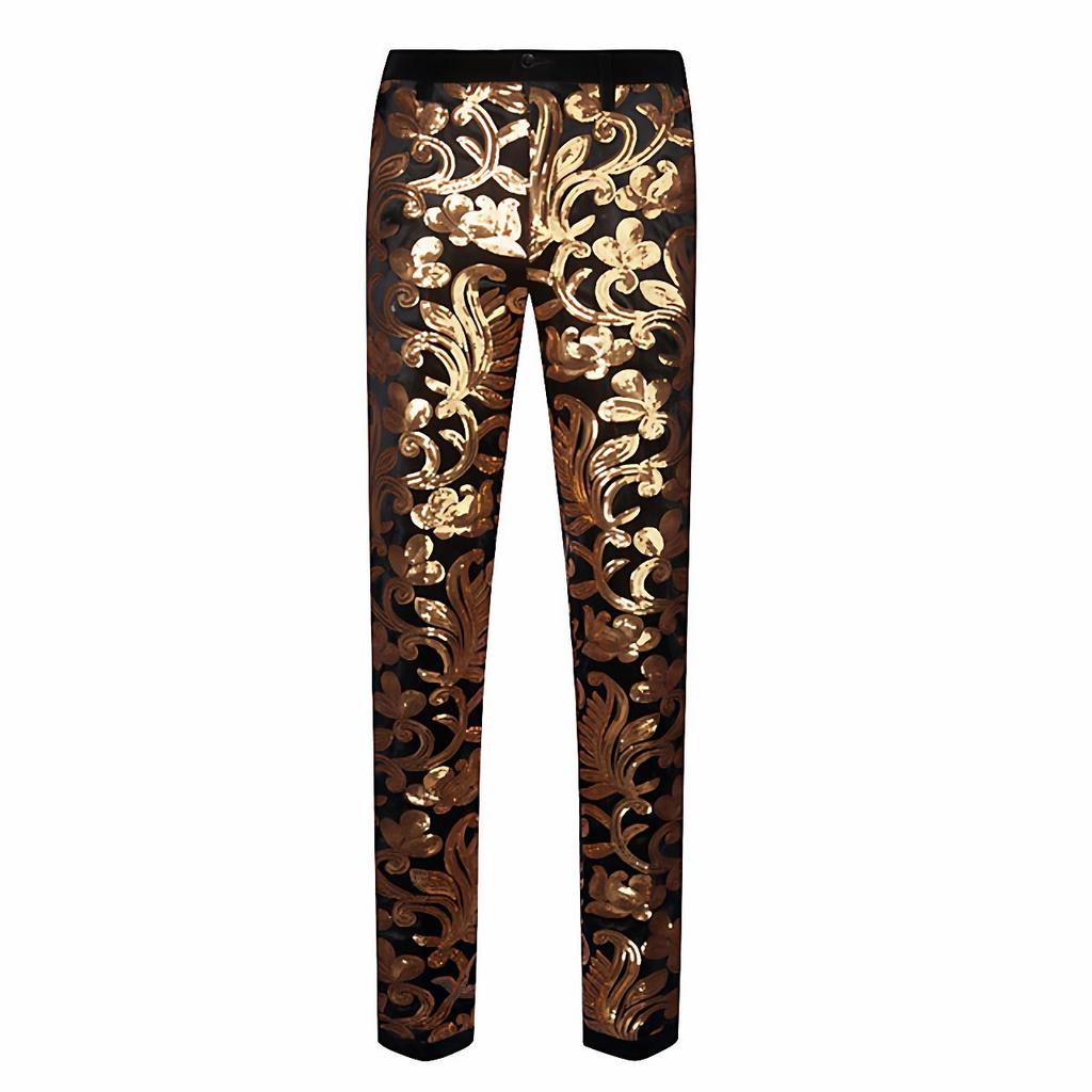 PYJTRL Mens Fashion Shiny Sequin Floral Pattern Pants Expandable Waist Trousers