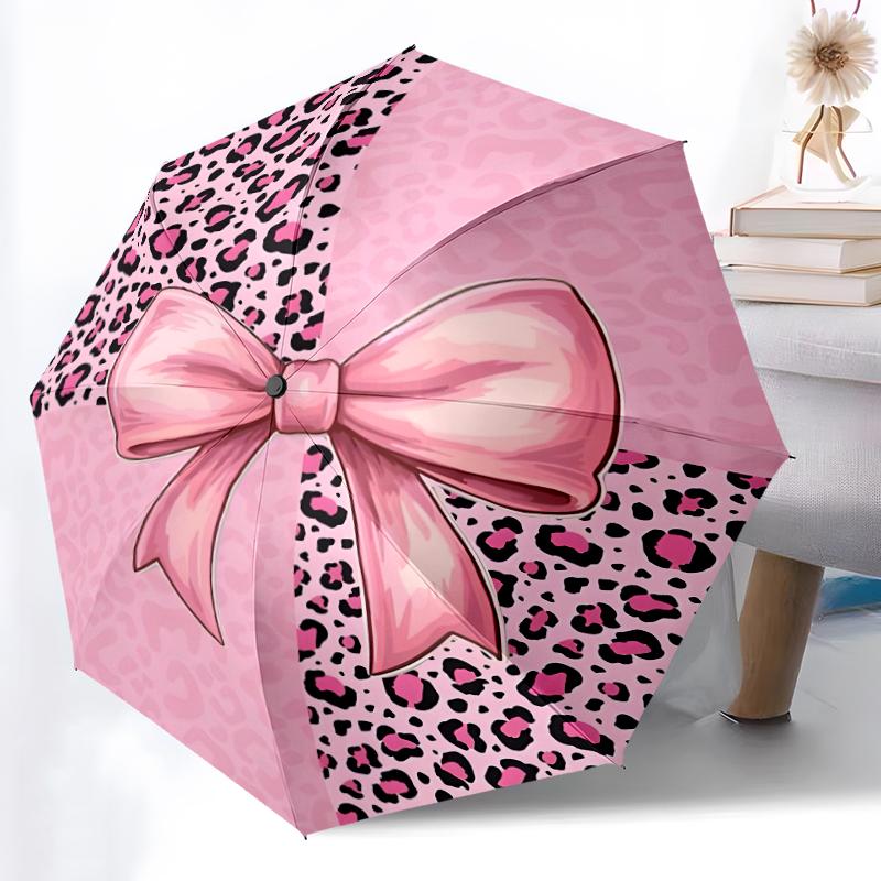 1pc Sturdy 8-Bone Auto Umbrella, Black and Pink Leopard Print Bow Umbrella, Digital Printed, Foldable Umbrella for On-the-Go Outdoor Use