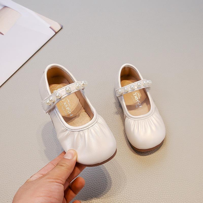 Kids Girls Solid Color Round Toe Pearl Velcro Mary Jane Princess Leather Flats
